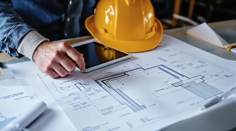 Close-up of an engineer reviewing a structural blueprint with a concrete anchor cross-section diagram, hard hat and tablet on a job site desk