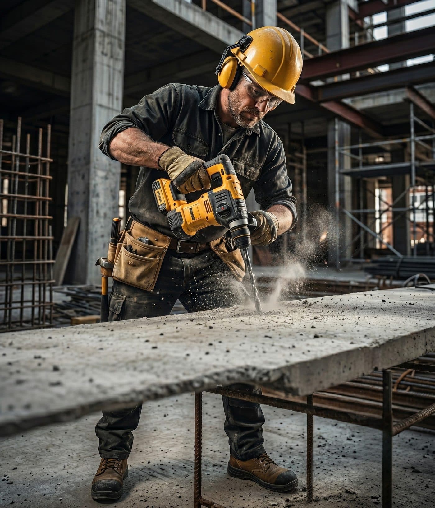 Tradesperson drilling and anchoring on a jobsite
