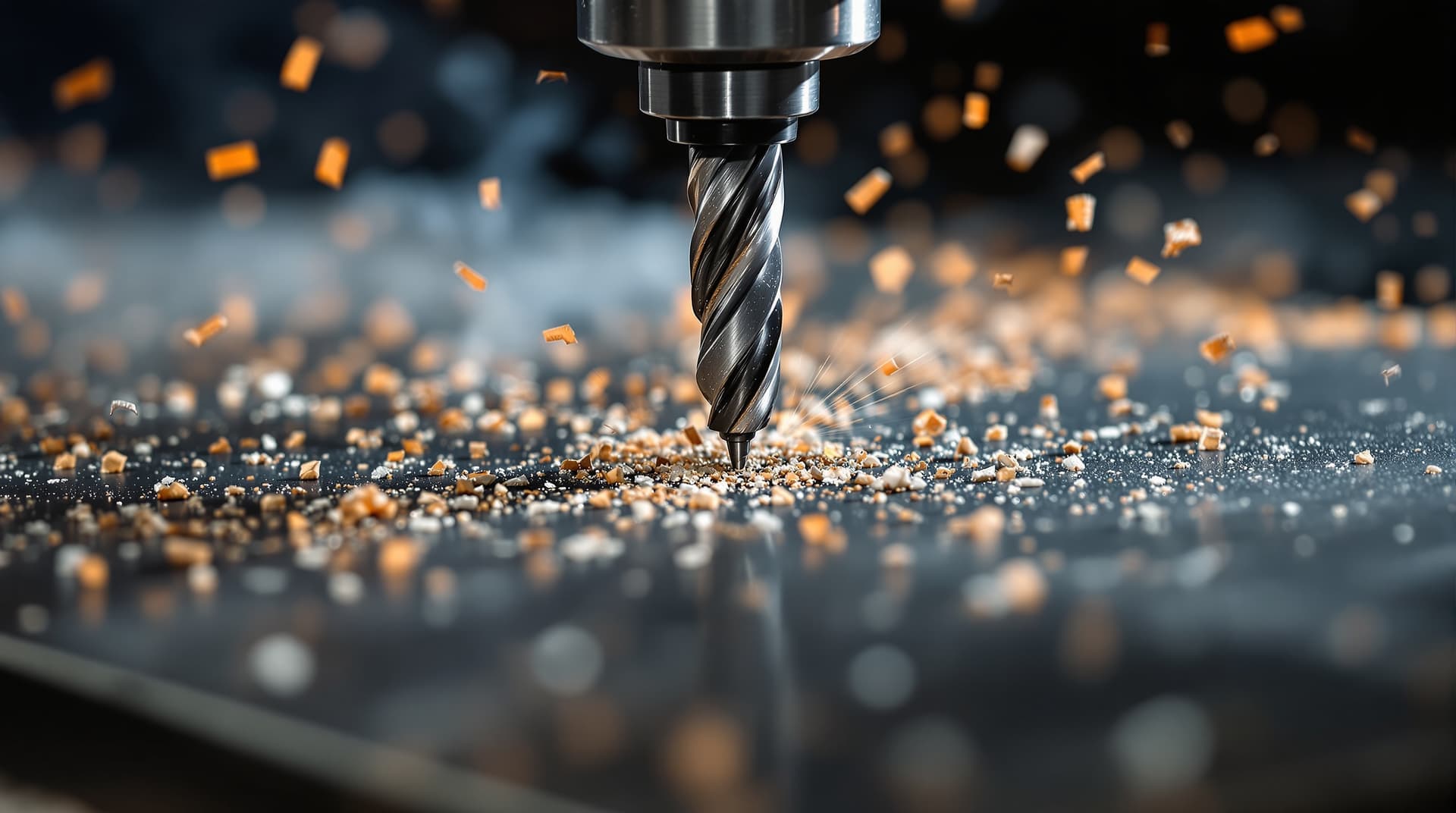 A cobalt drill bit drilling into a steel plate with metal shavings curling away, slight smoke visible