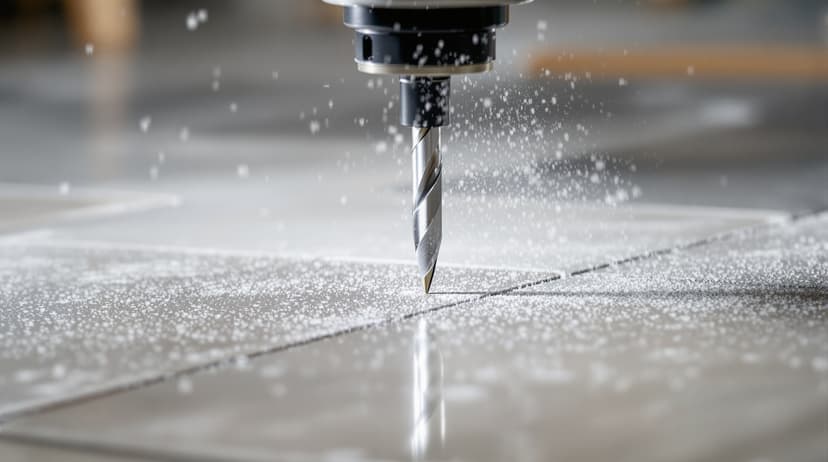 A carbide spear-point tile drill bit drilling through a ceramic floor tile with light dust visible