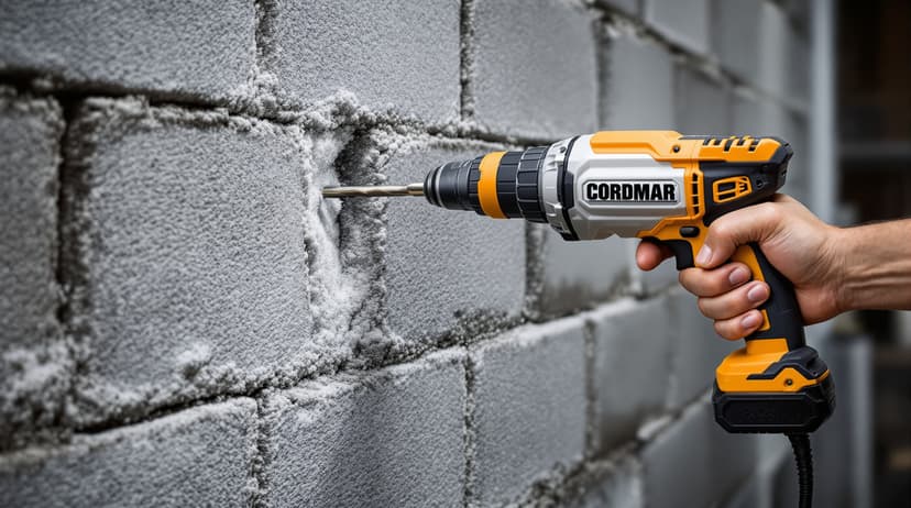A cordless hammer drill drilling into a gray concrete block wall, dust visible around the bit, worker hand on the trigger