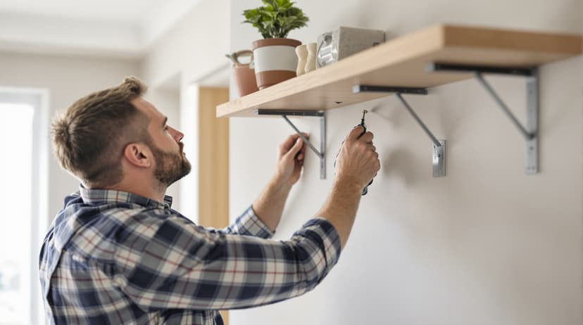 A homeowner using a cordless drill to mount a wall shelf bracket on a living room wall