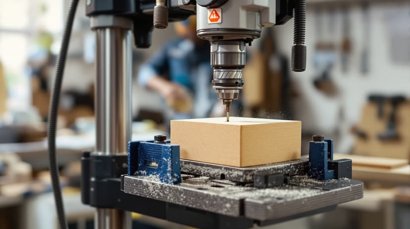 A benchtop drill press in a home garage workshop, drilling a precise hole into a wood block clamped to the table