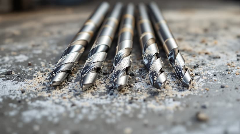 A row of carbide-tipped masonry drill bits of different diameters laid out on a concrete surface with dust