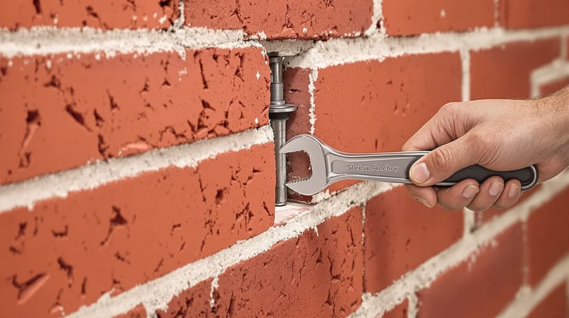 A sleeve anchor partially installed into a red brick wall, hand holding a wrench nearby