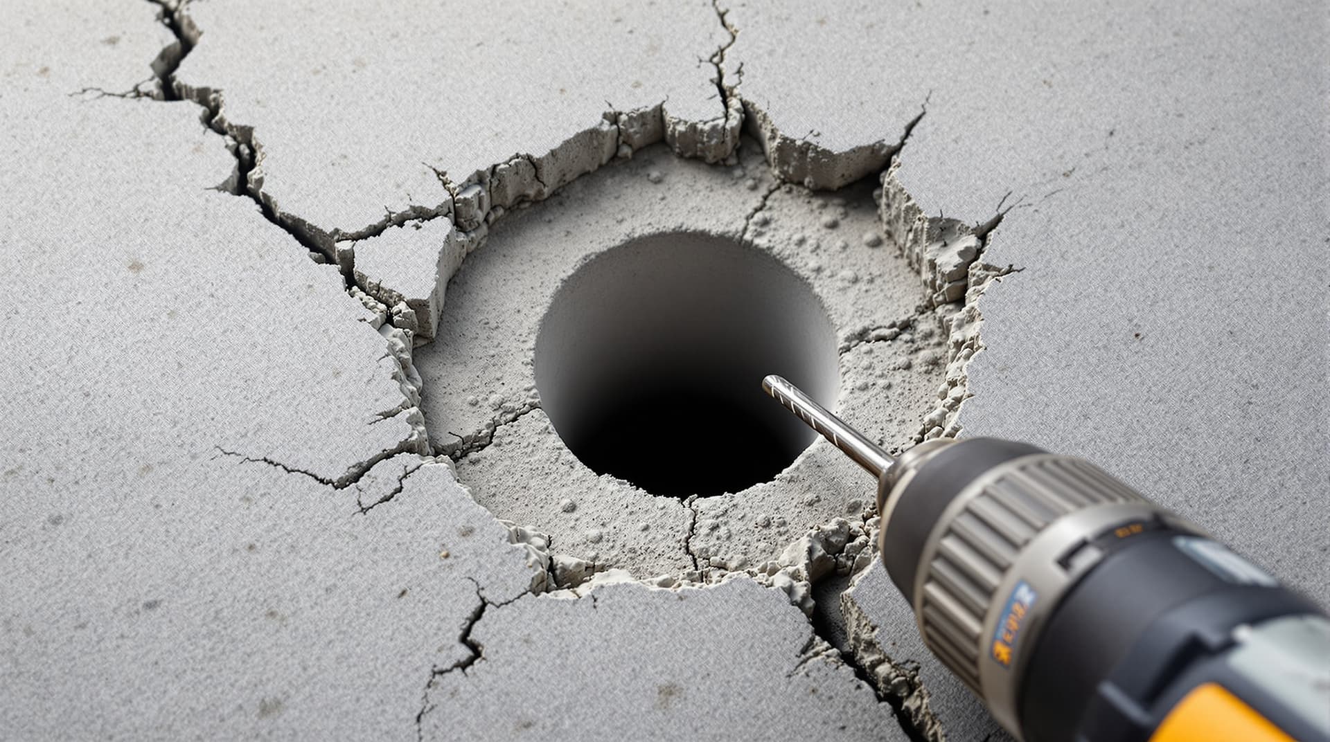 A close-up of a cracked concrete surface around a drilled hole, with a drill resting nearby