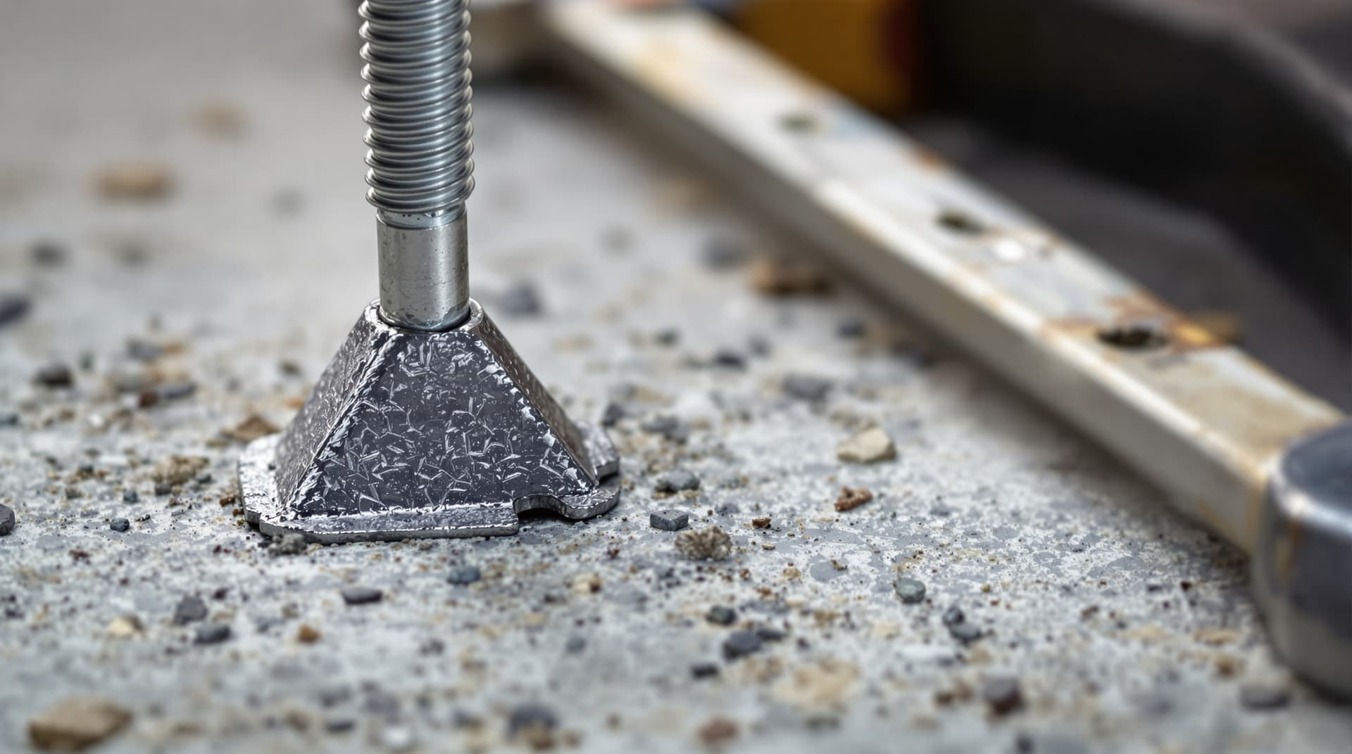 A close-up of a wedge anchor with a snapped bolt head on a concrete surface, wrench lying nearby