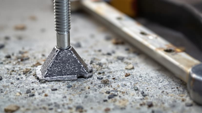 A close-up of a wedge anchor with a snapped bolt head on a concrete surface, wrench lying nearby