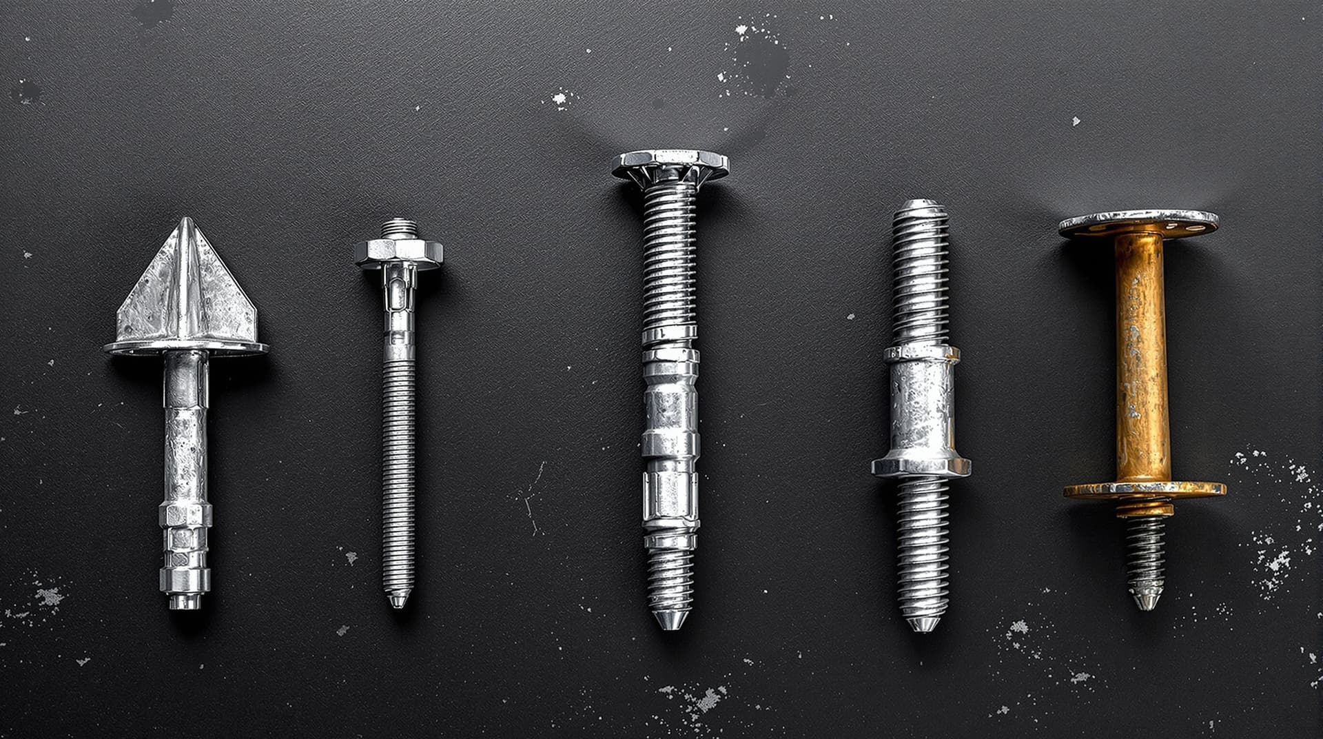 An overhead flat-lay of five different concrete anchor types - wedge, sleeve, drop-in, Tapcon, and toggle - arranged neatly on a dark workbench