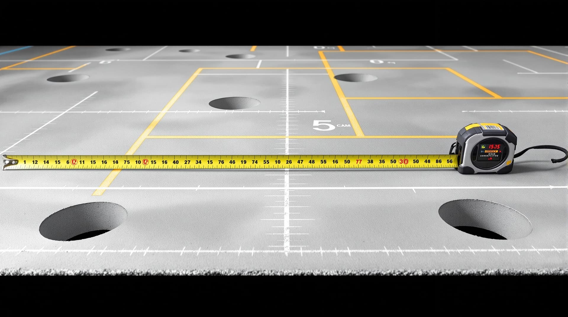 A concrete slab with multiple drilled holes marked with chalk lines and a tape measure showing spacing between them