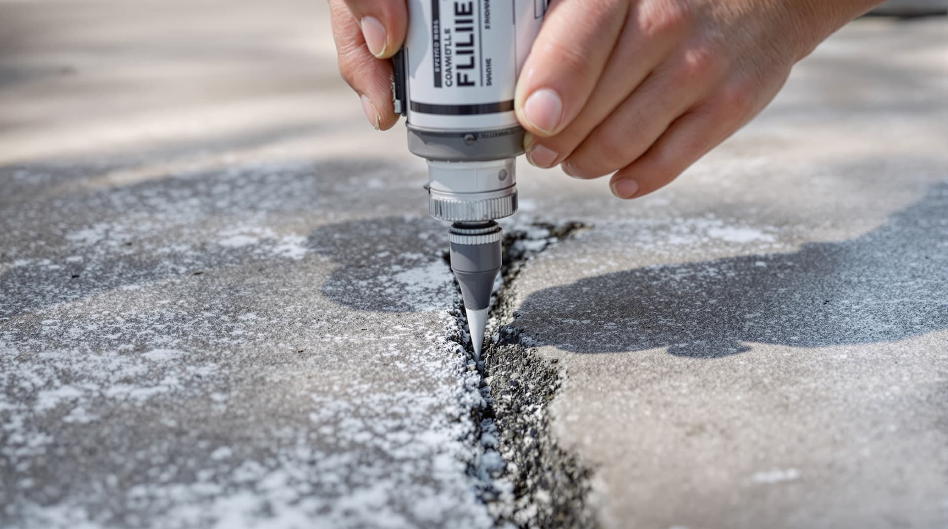A hand applying gray concrete crack filler from a caulk gun into a long crack in a driveway slab