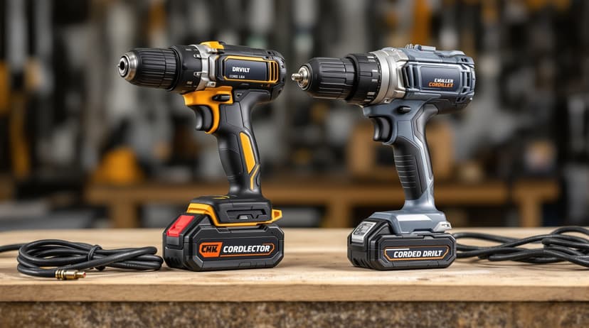 A cordless drill and a corded drill placed side by side on a workbench, battery pack and power cord both visible