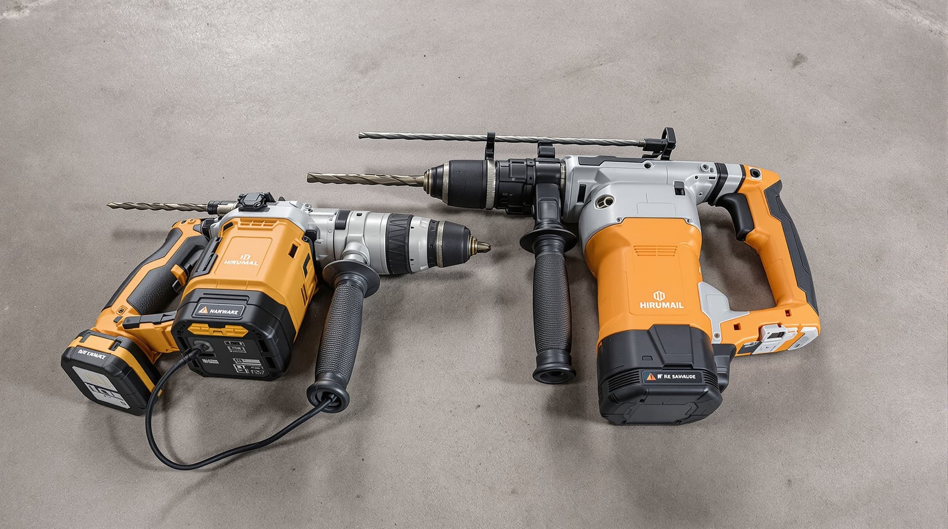 Two hammer drills side by side on a concrete floor, one with a battery pack and one with a power cord, both with masonry bits
