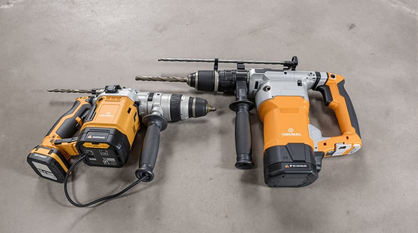 Two hammer drills side by side on a concrete floor, one with a battery pack and one with a power cord, both with masonry bits