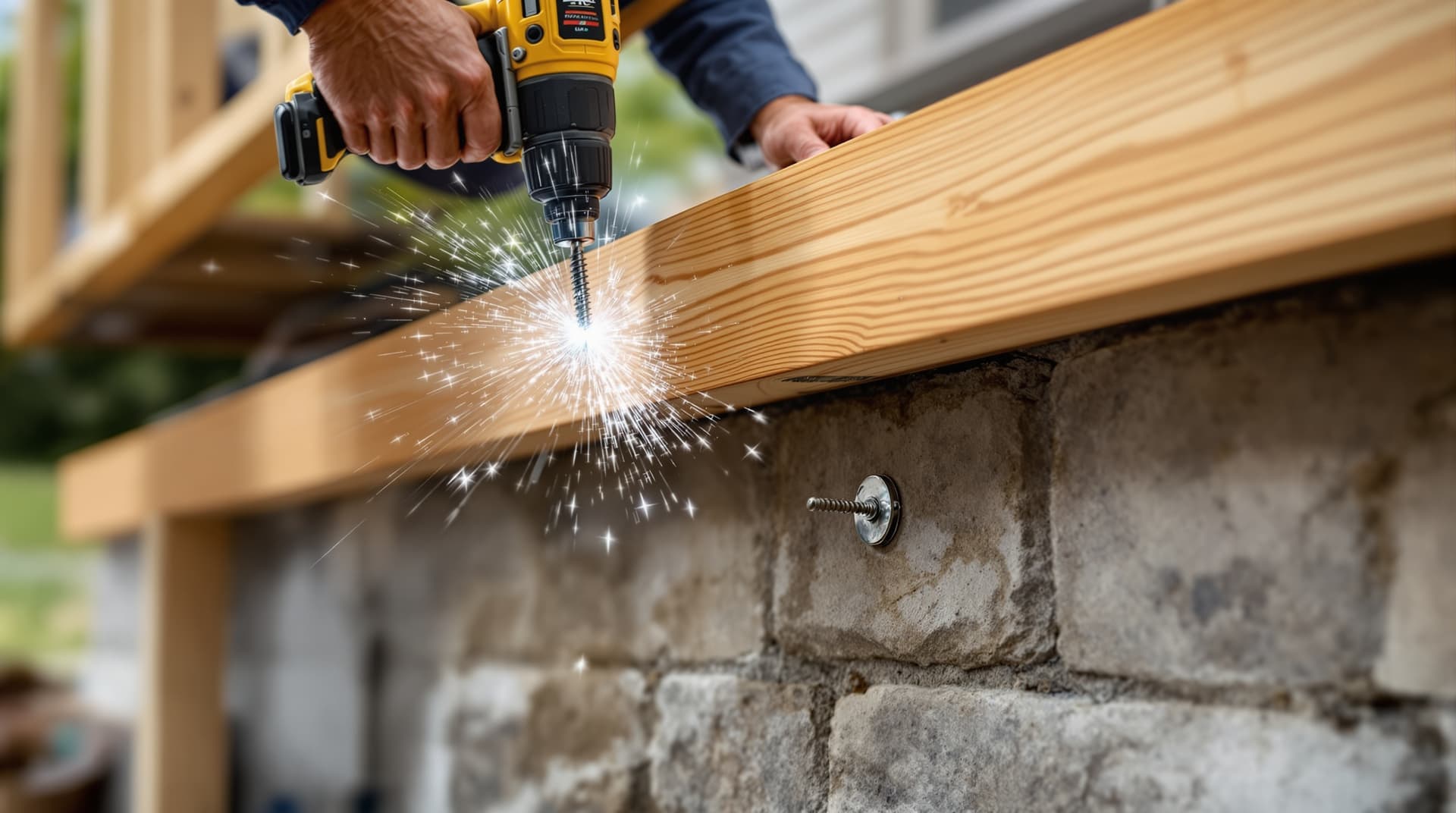 A wooden deck ledger board being bolted to a house foundation with lag screws, worker using a drill, flashing visible above the board