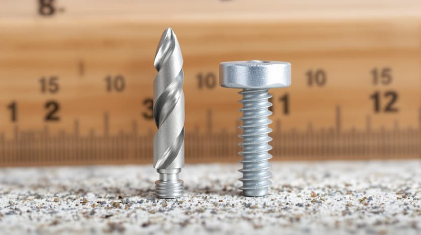A close-up of a masonry drill bit held next to a concrete screw anchor for size comparison, ruler in the background