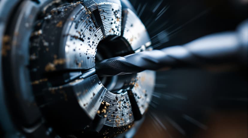 Extreme close-up of a drill chuck open with jaws visible, a drill bit partially inserted