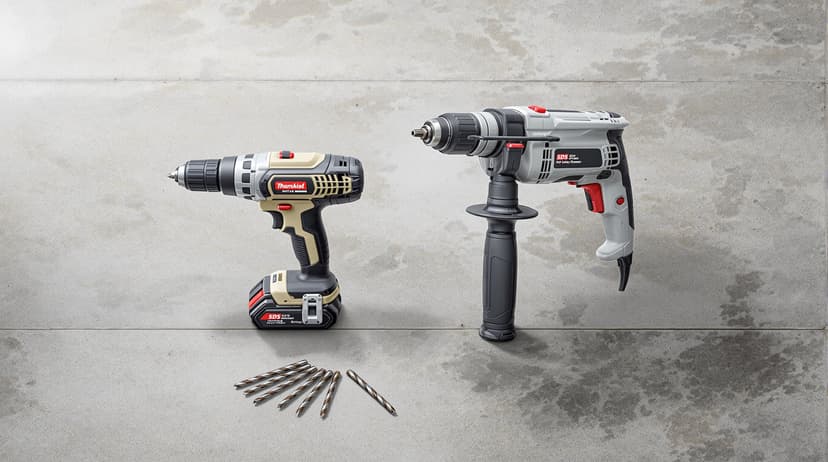 A compact hammer drill and a larger SDS rotary hammer placed side by side on a concrete floor with their respective bits