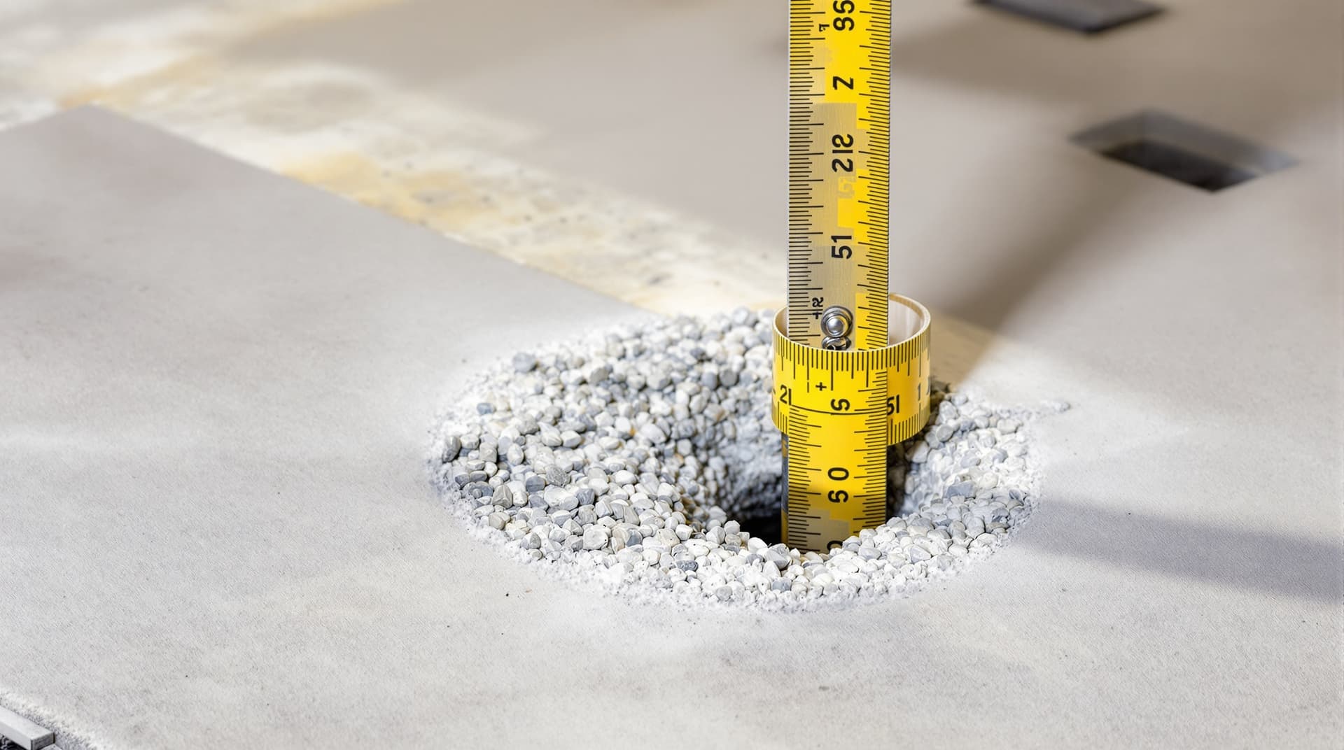 A long masonry drill bit partially inserted into a deep hole in a concrete slab, depth gauge tape wrapped around the bit