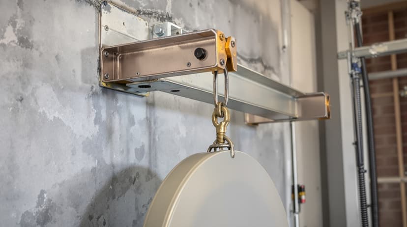 A heavy steel bracket bolted to a concrete wall with a wedge anchor, supporting a hanging weight plate for load testing