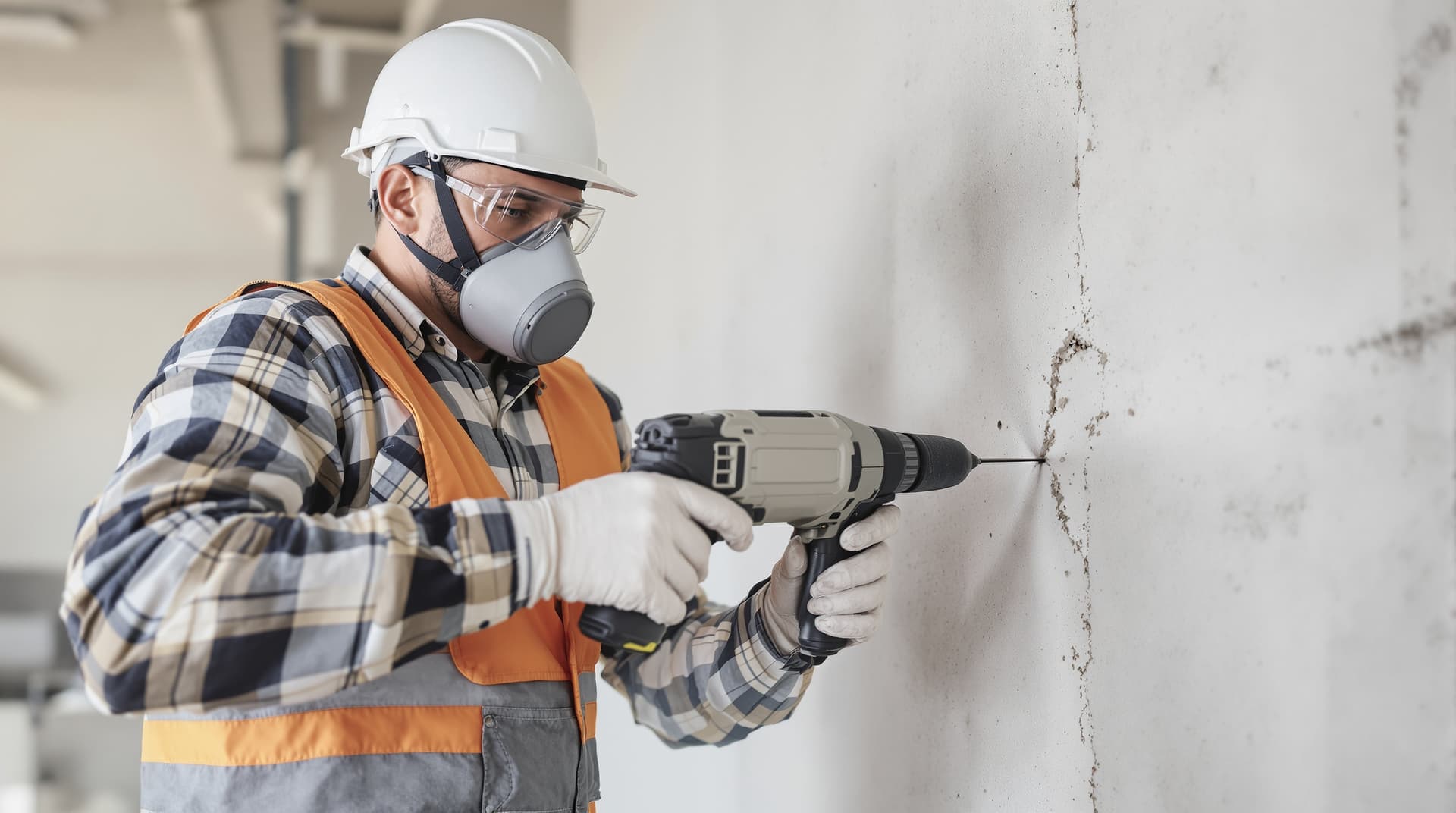 A worker wearing safety glasses and a dust mask drilling into a concrete wall with a hammer drill, dust extraction attachment visible