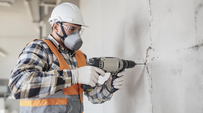 A worker wearing safety glasses and a dust mask drilling into a concrete wall with a hammer drill, dust extraction attachment visible