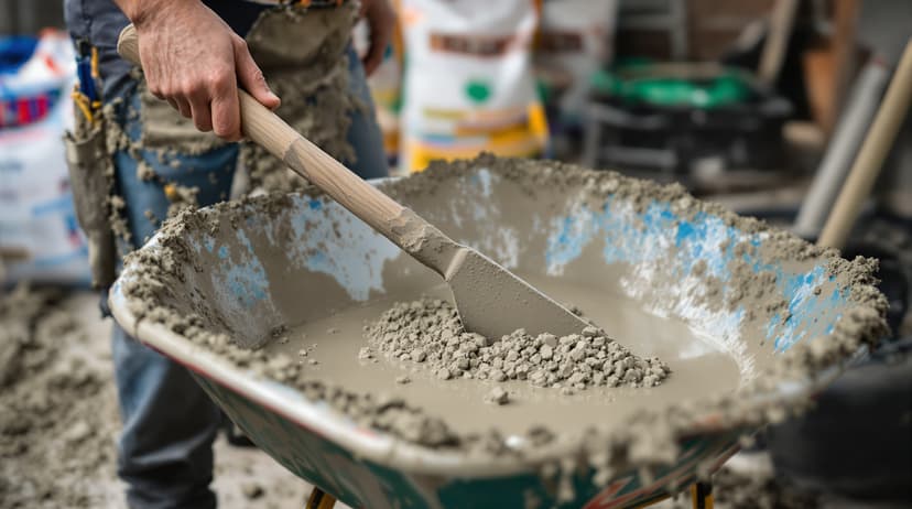 A person mixing wet concrete with a hoe in a wheelbarrow, bags of concrete mix and a shovel nearby