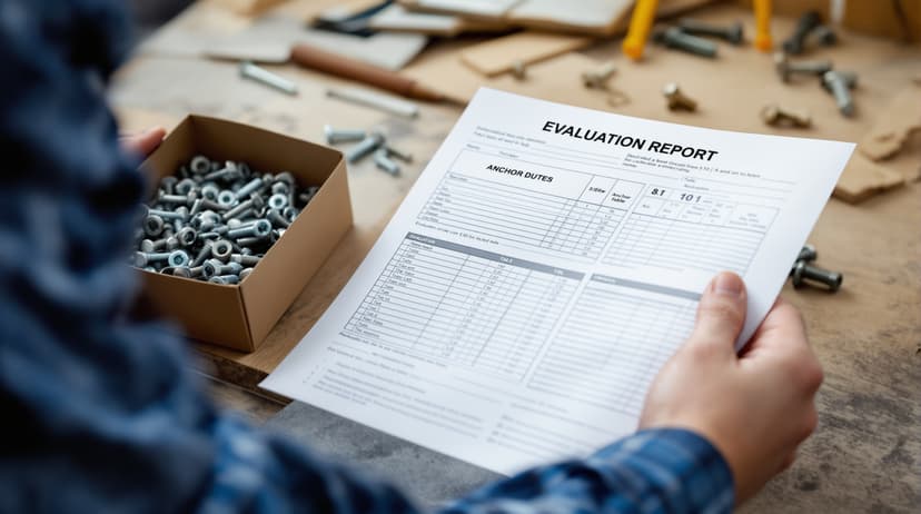 A contractor holding a printed evaluation report with technical tables next to a box of anchor bolts on a workbench