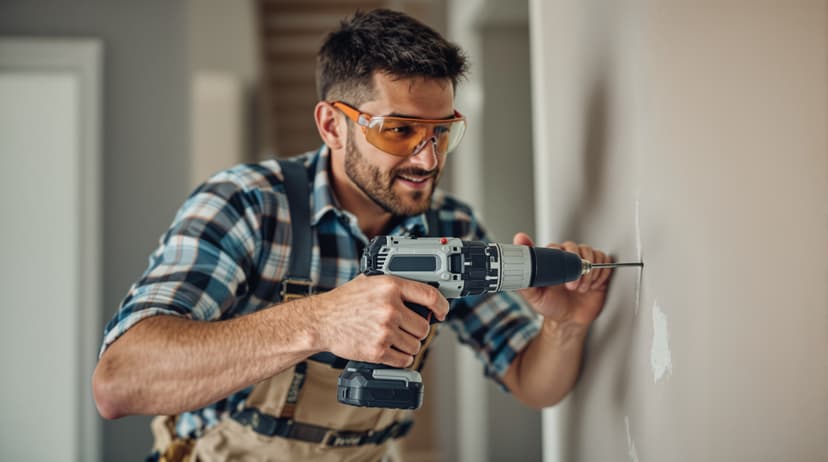A homeowner wearing safety glasses drilling into a wall with proper two-handed grip and stable stance