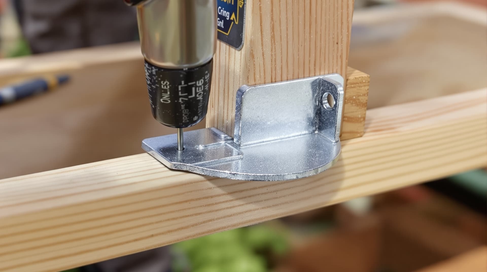 Close-up of a galvanized steel joist hanger being nailed to a wooden deck joist and beam connection, hammer in motion
