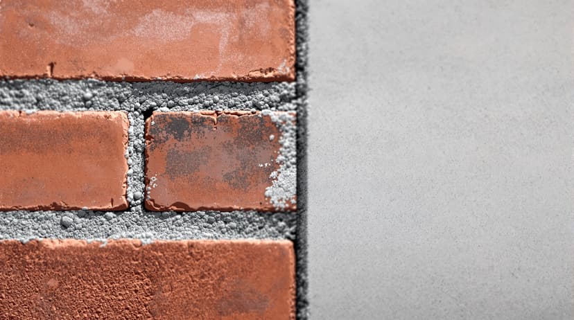 A close-up split image showing textured gray mortar between brick joints next to a poured concrete slab surface