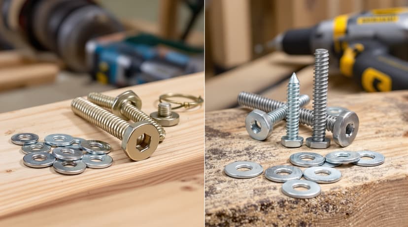 Side-by-side comparison of structural wood screws and lag bolts with washers laid out on raw lumber, impact driver nearby