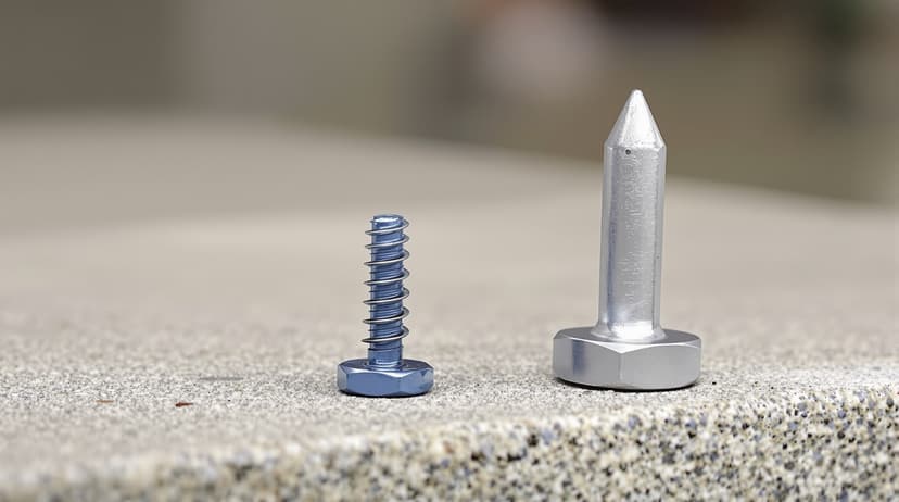A blue Tapcon concrete screw and a steel wedge anchor placed side by side on a concrete surface for comparison