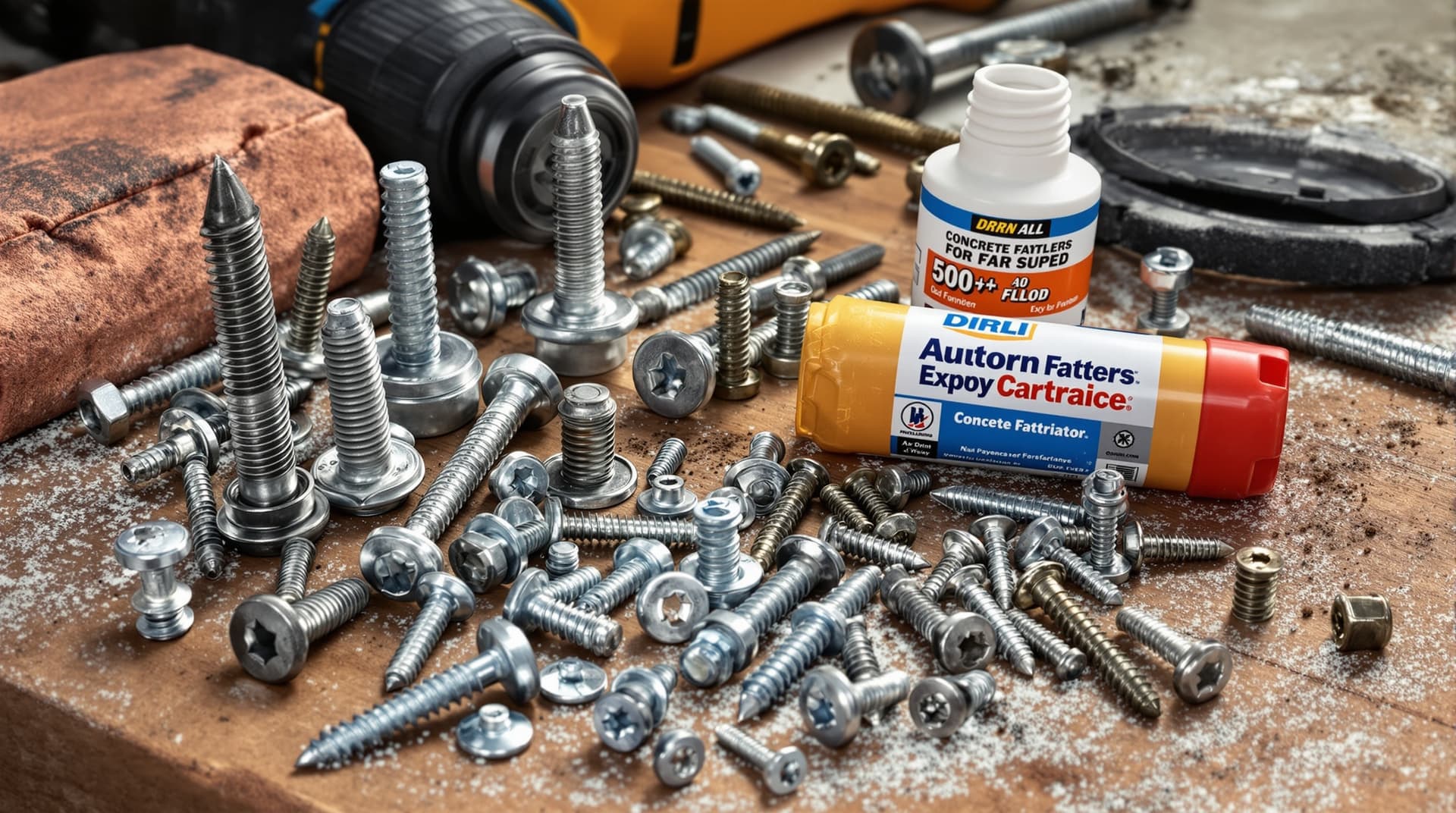 An assortment of concrete fasteners including anchors, screws, and an epoxy cartridge arranged on a workbench with a drill