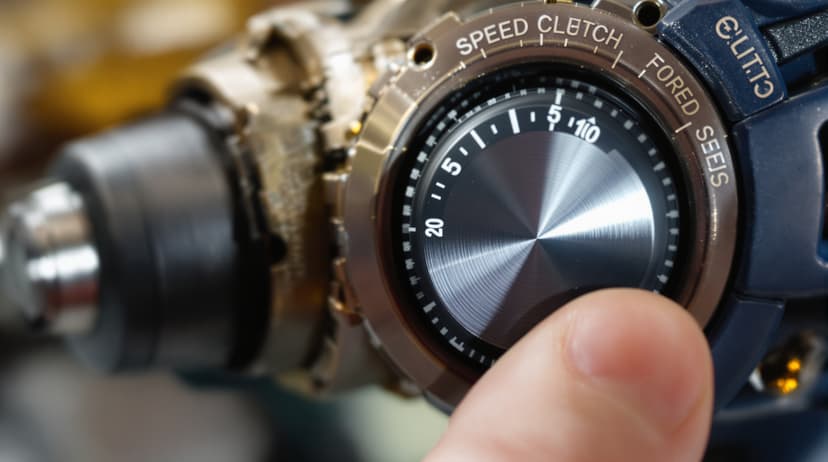 A close-up of a drill clutch and speed selector dial with torque settings visible, finger adjusting the dial